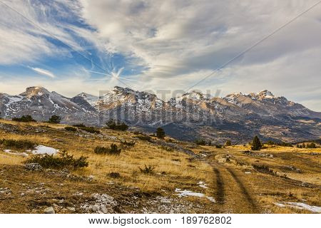 Winter landscape in Alps in Devoluy Massif (Obiou Chain) without snow in late December - a very worrying sign of climate change.