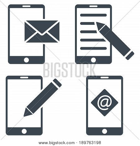 Mobile Mail Editing vector icon set. Collection style is smooth blue flat symbols on a white background.