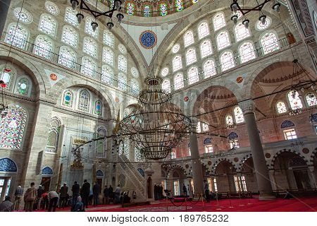 ISTANBUL TURKEY - APRIL 30 2017: Interior of Mihrimah Sultan Mosque in the area Edirnekapi Istanbul's historic centre