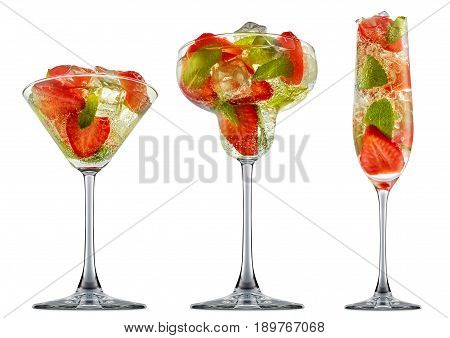 fresh fruit alcohol cocktail or mocktail in classic margaritta, martini, champagne glass with ice, strawberry and mint isolated on white background