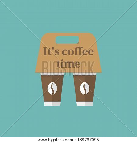 Coffee holder. To go break time. Takeaway coffee cups. Vector illustration flat design. Isolated on background. Paper disposable box, container for food and drink.