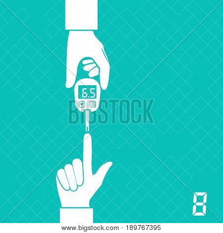 Silhouette glucometer measures blood sugar level hold in hand. Blood drop test strip. Medical diagnostics apparatus home. Vector illustration flat design. Equipment monitoring health. Diabet concept.
