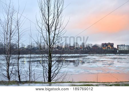 View of Neva River on the outskirts of St.Petersburg at winter Russia.