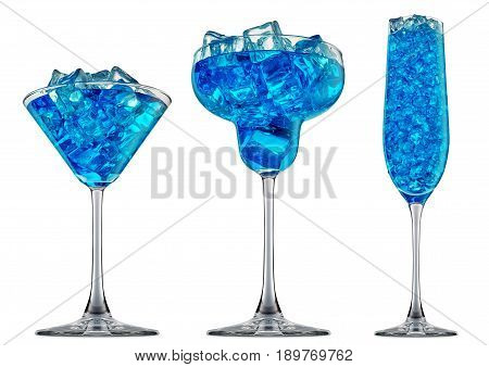 fresh fruit alcohol cocktail or mocktail in margaritta, martini, champagne glass with blue beverage and ice cubes isolated on white background