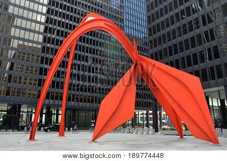 CHICAGO - MAY 29: Flamingo in the Federal Plaza in Chicago is shown here on May 29 2016. The stabile was constructed by American sculptor Alexander Calder under the Percent for Art program.