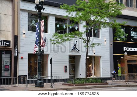 CHICAGO - MAY 29: The Michael Jordan Store in Chicago is shown here on May 29 2016. It sells the Nike Jordan brand and includes a basketball half-court for area students.