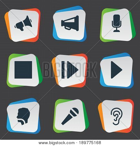 Vector Illustration Set Of Simple Radio Icons. Elements Studio Microphone, Loudspeaker, Speech And Other Synonyms Communication, Command And Loud.