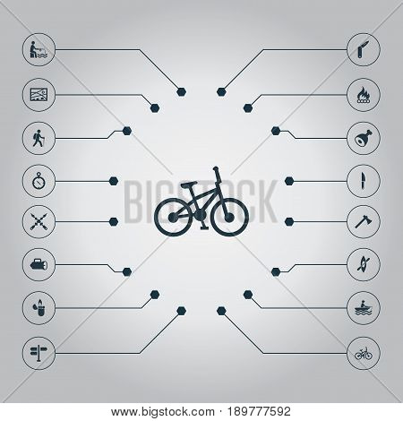 Vector Illustration Set Of Simple Outdoor Icons. Elements Fishing, Kebab, Bicycle And Other Synonyms Outdoors, Axe And Equipment.
