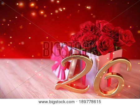 birthday concept with red roses in the gift on wooden desk. 3D render - twenty-sixth birthday. 26th