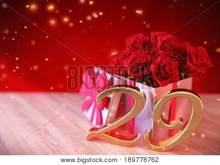 birthday concept with red roses in the gift on wooden desk. 3D render - twenty-nineth birthday. 29th