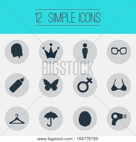 Vector Illustration Set Of Simple Elegance Icons. Elements Nature, Beauty Queen, Blowdryer And Other Synonyms Person, Clothing And Queen.