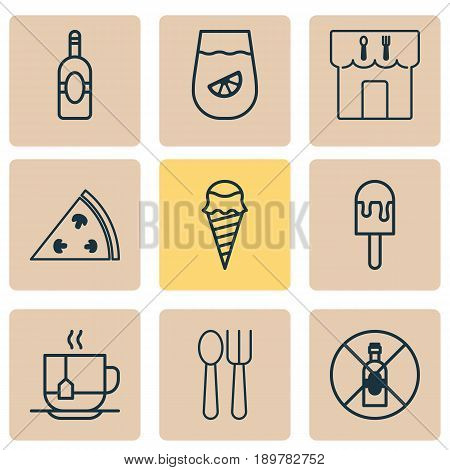 Icons Set. Collection Of Lemonade, Cutlery, Lolly And Other Elements. Also Includes Symbols Such As Dessert, Hooch, Hot.