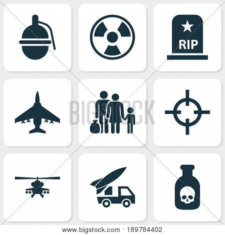 Warfare Icons Set. Collection Of Fugitive, Bombshell, Ordnance And Other Elements. Also Includes Symbols Such As Rockets, Ordnance, Grave.