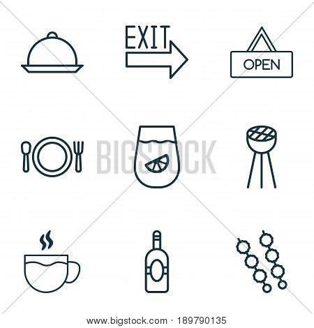 Restaurant Icons Set. Collection Of Grill, Hooch, Stick Batbecue And Other Elements. Also Includes Symbols Such As Cutlery, Juice, Lemonade.