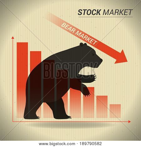 Bear market concept presents stock market with bear in front of red downtrend graph on brown paper