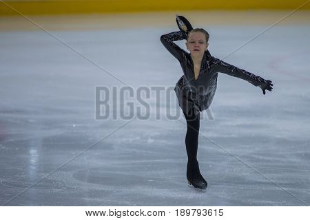 Minsk Belarus -April 23 2017: Unidentified Female Figure Skater performs Chicks Ladies Free Skating Program at Minsk Arena Cup 2017 International Figure Skating Competition in April 23 2017 in Minsk Belarus