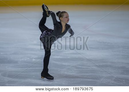 Minsk Belarus -April 23 2017: Unidentified Female Figure Skater performs Chicks Ladies Free Skating Program at Minsk Arena Cup 2017 International Figure Skating Competition in April 23 2017 in Minsk Belarus