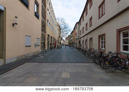 SCHWEINFURT GERMANY - APRIL 21 2017: Old streets in the historic part of the city. Schweinfurt - a medieval city founded in 761 year.