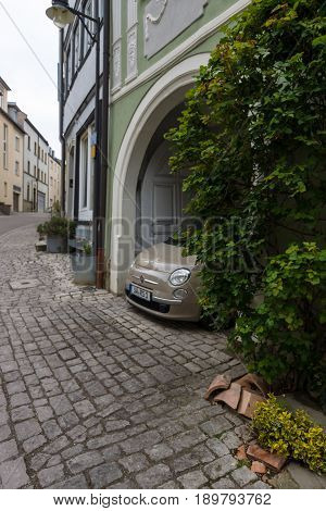 SCHWEINFURT GERMANY - APRIL 21 2017: Old streets in the historic part of the city. Schweinfurt - a medieval city founded in 761 year.