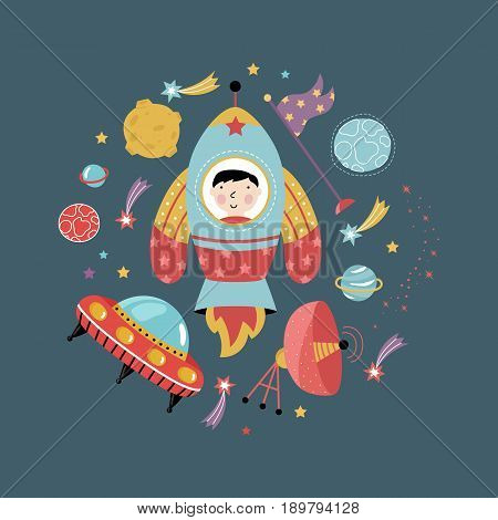 Space icons in cartoon style. Spaceship, flying saucer, cute aliens, colorful stars, planets, comets vector icons isolated on blue background set. Astronomic funny illustration for childrens book