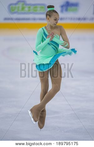 Minsk Belarus -April 23 2017: Unidentified Female Figure Skater performs Chicks Ladies Free Skating Program at Minsk Arena Cup 2017 International Figure Skating Competition in April 23 2017 in Minsk Belarus