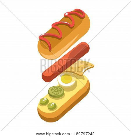 Hot dog constructor or fast food sandwich ingredients and filling layer of bun and sausage. Vector flat isolated icon for fastfood restaurant hotdog snack and meal menu or infographics element