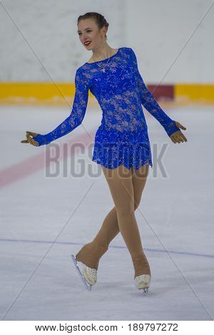 Minsk Belarus -April 23 2017: Unidentified Female Figure Skater Performs Adult Ladies Free Skating Program at Minsk Arena Cup 2017 International Figure Skating Competition in April 23 2017 in Minsk Belarus