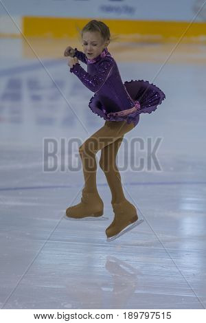 Minsk Belarus -April 23 2017: Unidentified Female Figure Skater performs Chicks Ladies Free Skating Program at Minsk Arena Cup 2017 International Figure Skating Competition in April 23 2017 in Minsk Belarus
