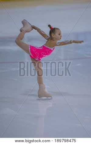 Minsk Belarus -April 23 2017: Unidentified Female Figure Skater performs Chicks Ladies Free Skating Program at Minsk Arena Cup 2017 International Figure Skating Competition in April 23 2017 in Minsk Belarus