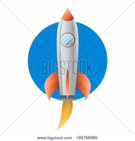 Space metal rocket with big blue pothole, shiny body and orange details flies up and produce fire torrent from single turbine, on blue circle isolated cartoon vector illustration on white background.