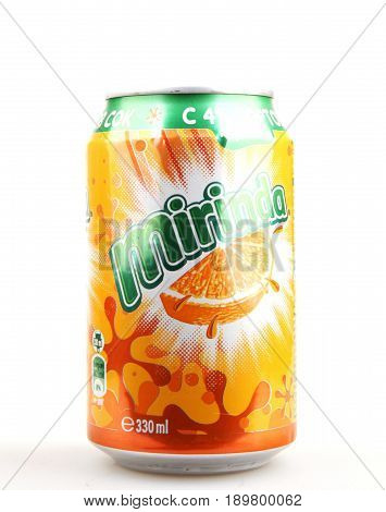 Aytos Bulgaria - June 05 2017: Mirinda Isolated On White Background. Mirinda Is A Brand Of Soft Drin