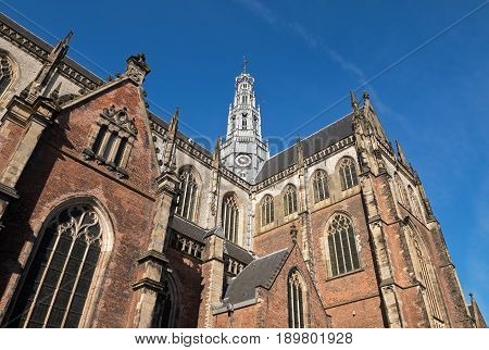 Grote Kerk or  Sint-Bavokerk on the central square of Haarlem, Netherlands