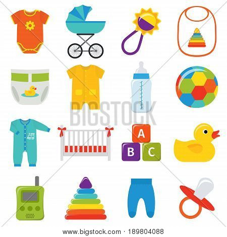 Baby icons. Vector. Baby shower elements isolated on white background. Collection symbols for newborn kids in flat design.