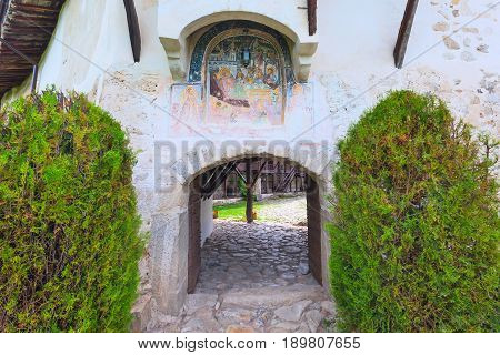 Rozhen, Bulgaria - May 11, 2017: Entrance to Rozhen Monastery near Melnik, Bulgaria