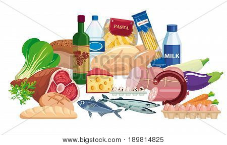 Foodstuffs. Set of food and drinks on a white background