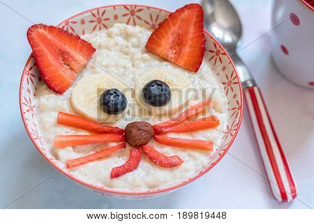 Oatmeal porridge with a cat kitten face decoration. Funny breakfast for kids