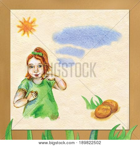 postcard little girl eating cookies. Beautiful watercolor template.