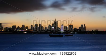The skyline of Down Town Miami at Night, as seen from South Miami Beach