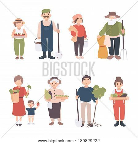 Set of village people. Different young, adult, old farmers and kids. Happy man and woman with seedlings, crops, tools. Colorful vector illustration in cartoon style
