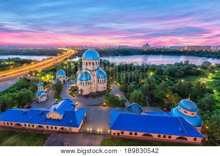 Aerial view on church of Life-Giving Trinity on Borisov Ponds in the evening. Orekhovo-Borisovo Moscow Russia