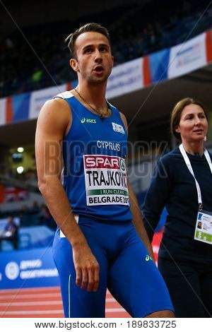 BELGRADE SERBIA - MARCH 3-5 2017: MAN 60M HURDLES TRAJKOVIC MILAN EUROPEAN ATHLETICS INDOOR CHAMPIONSHIPS IN BELGRADE SERBIA