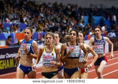 BELGRADE SERBIA - MARCH 3-5 2017: WOMAN 1500M EUROPEAN ATHLETICS INDOOR CHAMPIONSHIPS IN BELGRADE SERBIA