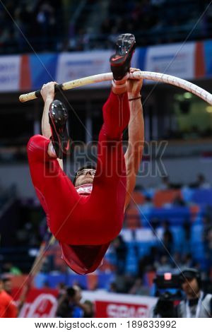 BELGRADE SERBIA - MARCH 3-5 2017: POLE VAULT ARENTS MAREKS EUROPEAN ATHLETICS INDOOR CHAMPIONSHIPS IN BELGRADE SERBIA