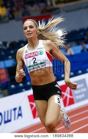 BELGRADE SERBIA - MARCH 3-5 2017: PENTATHLON WOMEN 800M HURDLES DADIC IVONA EUROPEAN ATHLETICS INDOOR CHAMPIONSHIPS IN BELGRADE SERBIA