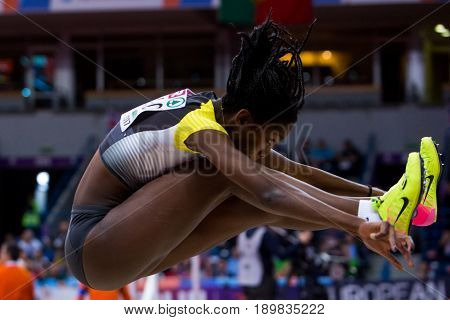 BELGRADE SERBIA - MARCH 3-5 2017: WOMAN LONG JUMP MARYSE LUZOLO EUROPEAN ATHLETICS INDOOR CHAMPIONSHIPS IN BELGRADE SERBIA
