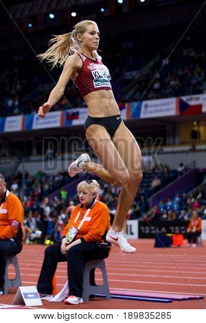 BELGRADE SERBIA - MARCH 3-5 2017: WOMAN LONG JUMP PENTATHLON KLISHINA DARYA EUROPEAN ATHLETICS INDOOR CHAMPIONSHIPS IN BELGRADE SERBIA