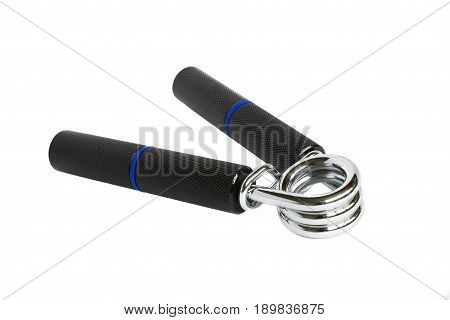 Manual spring loaded carpal expander with metal handles isolated on white background