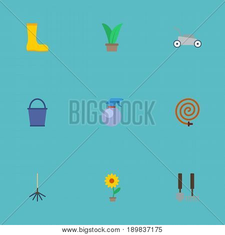 Flat Lawn Mower, Plant, Spray Bottle And Other Vector Elements. Set Of Gardening Flat Symbols Also Includes Plant, Rubber, Spray Objects.