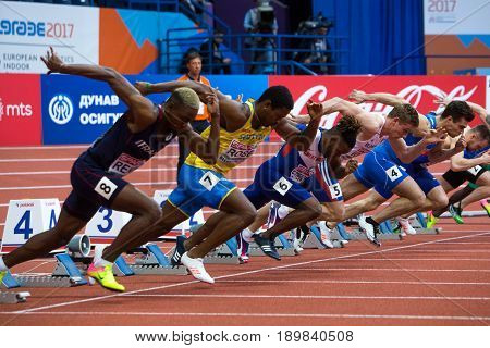 BELGRADE SERBIA - MARCH 3-5 2017: MAN 60M EUROPEAN ATHLETICS INDOOR CHAMPIONSHIPS IN BELGRADE SERBIA