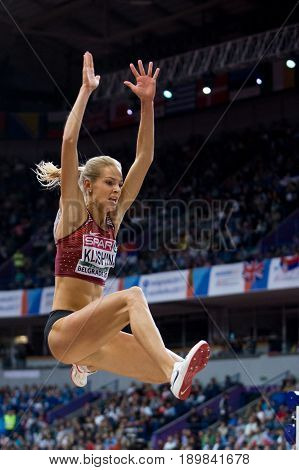 BELGRADE SERBIA - MARCH 3-5 2017: WOMAN LONG JUMP PENTATHLON KLISHINA DARYA EUROPEAN ATHLETICS INDOOR CHAMPIONSHIPS IN BELGRADE SERBIA